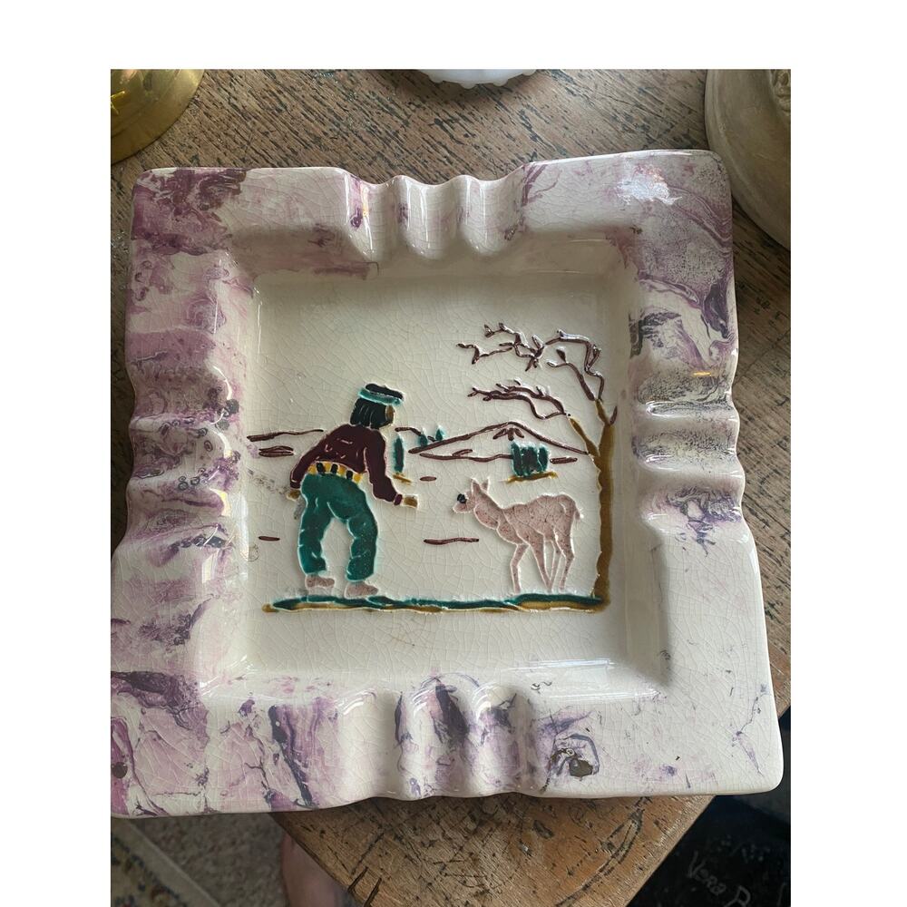 Vintage MCM Aztec Ashtray Purple Haze  & Gold Tobacco Man Caver Bar Decor